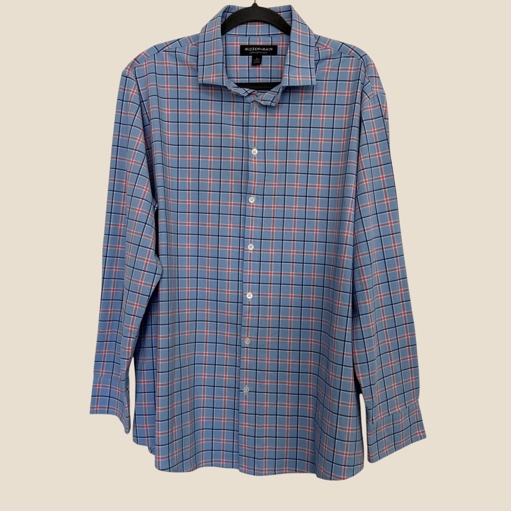 Mizzen+Main XL Classic Blue Plaid Lightweight Leeward Performance Dress Shirt